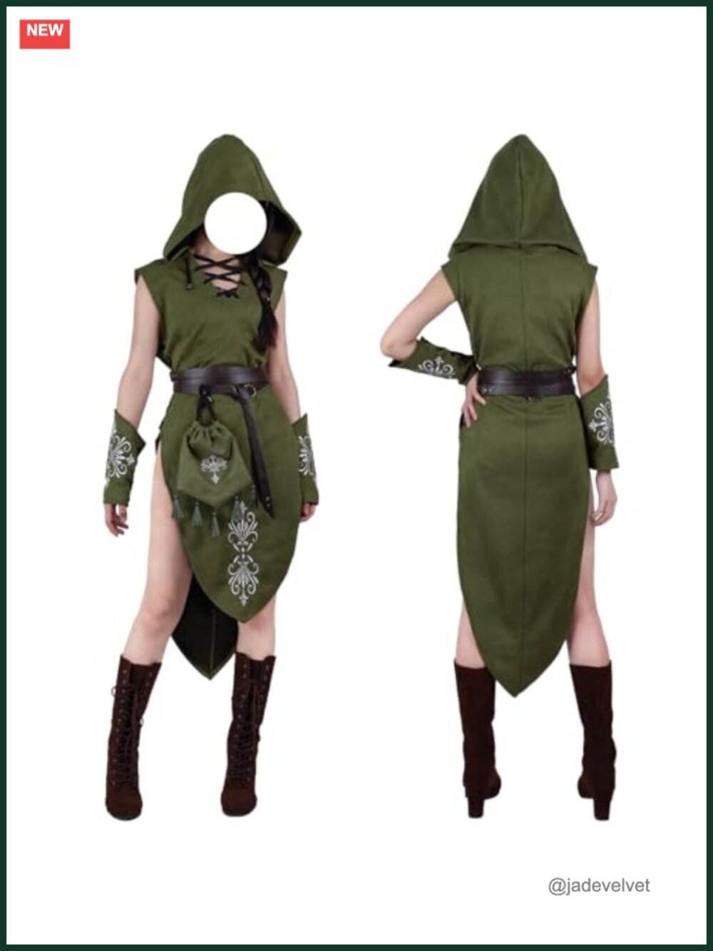 Women Renaissance Suede Sleeveless Elf Costume Hooded Gown Bracers